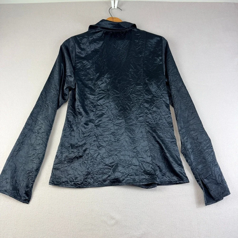 Free People Women Sz M Black Crinkle Tie Front Long Flare Slit Sleeve Blouse Top